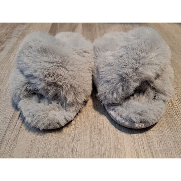 Lauren Conrad LC X-Band Criss Cross Faux Fur Gray Slippers Sz L (8-9) - Picture 2 of 5